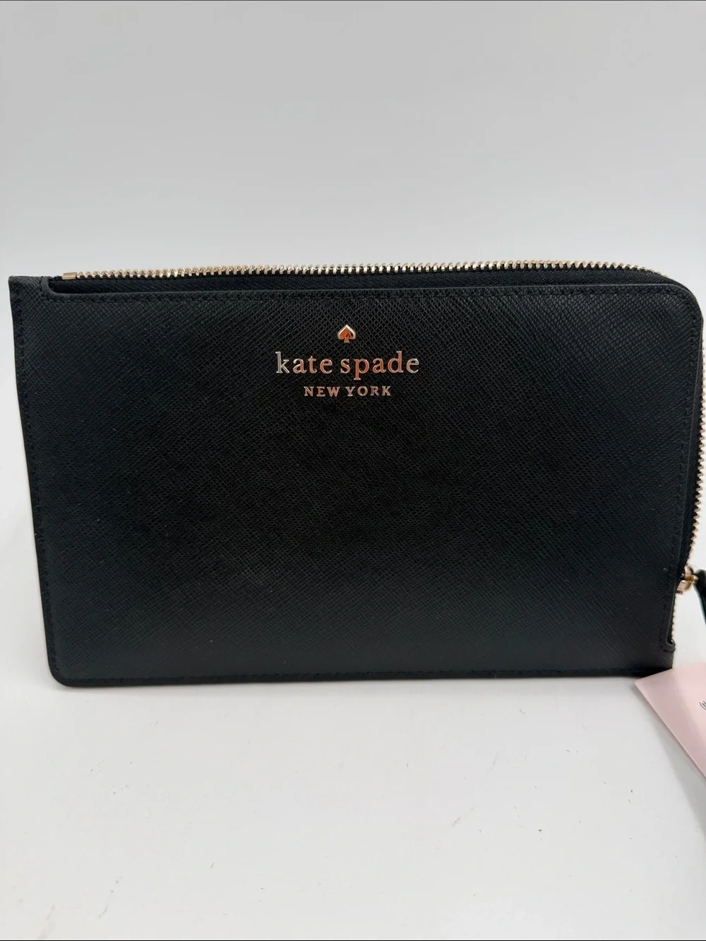 NWT kate spade New York Black Staci Medium L-Zip Saffiano Leather Gold Tone